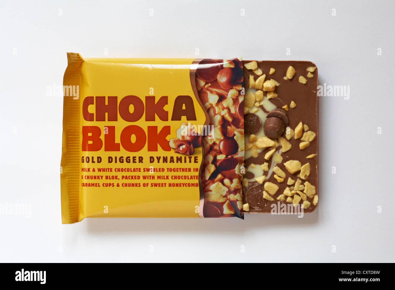 Choc a blok gold digger dynamite chocolate bar isolated on white background  - opened to show contents Stock Photo - Alamy