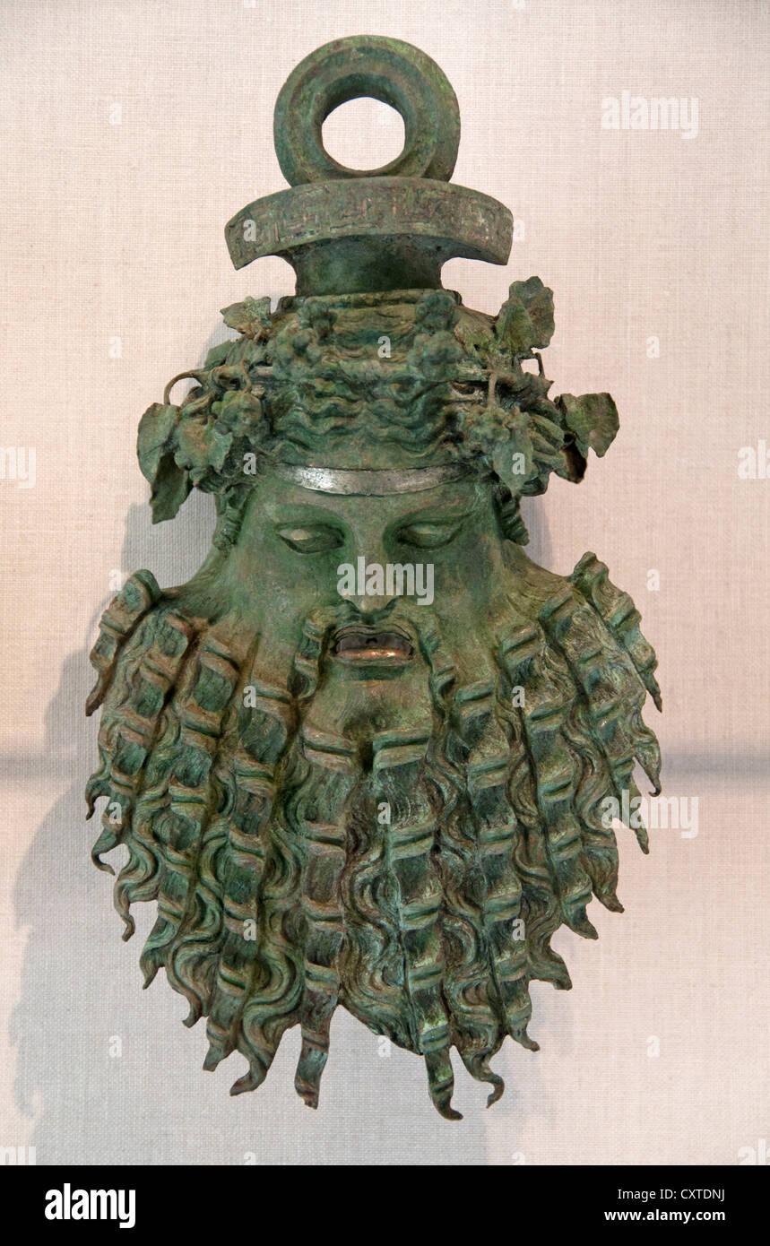 Bronze handle attachment in form of a mask Greek or Roman 1st C BC  - 1st C AD from the sea off Majorca Spain Stock Photo