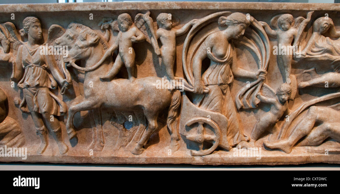 Marble sarcophagus with the myth Endymion a beautiful Shepherd loved bu the moon goddess Selene  Roman mid 2nd Century  Ad Stock Photo