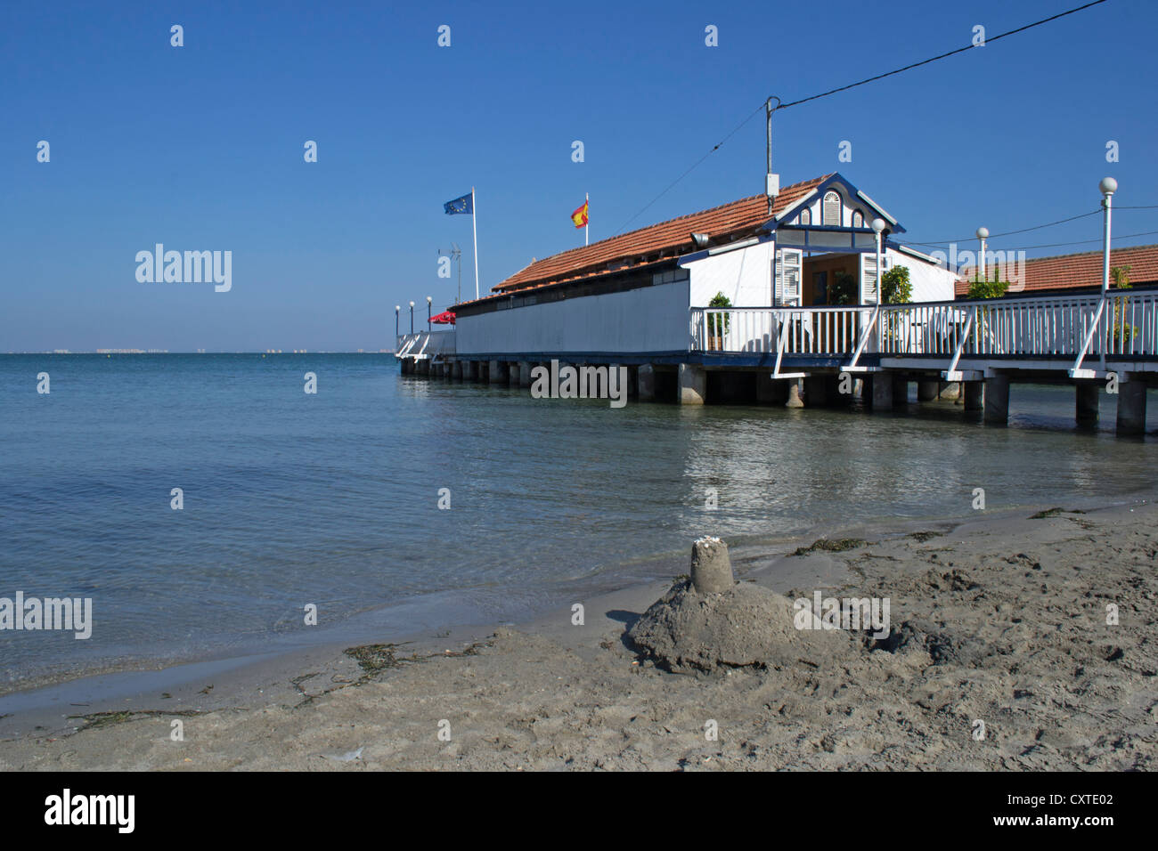 Traditional Spanish Restaurant set on a wooden jetty over the Mar Menor at Los Alcazares, Murcia, Costa Calida, Spain, Europe Stock Photo