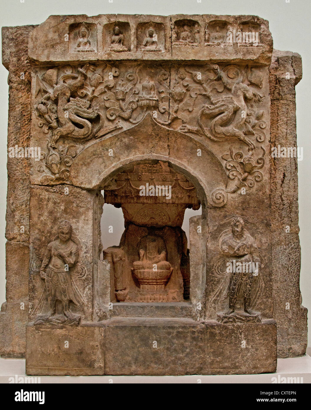 Shrine with Four Buddhas Northern Qi dynasty 560–75  China Shandong Limestone with traces of pigment 241 cm Chinese Stock Photo