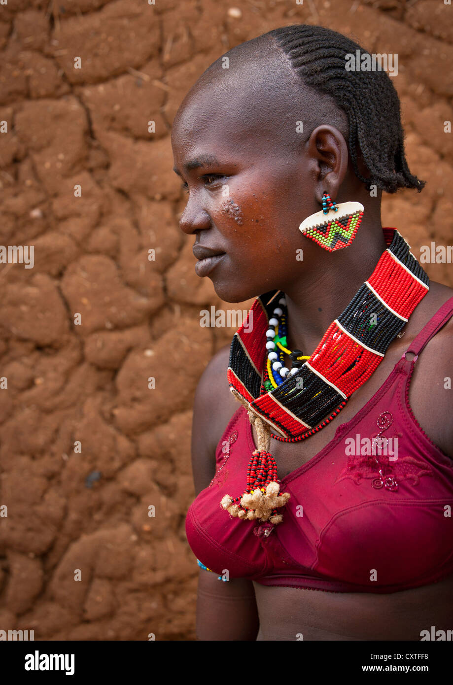 Hamar Tribe Girl With Colourful Necklaces, Turmi, Omo Valley, Ethiopia Stock Photo