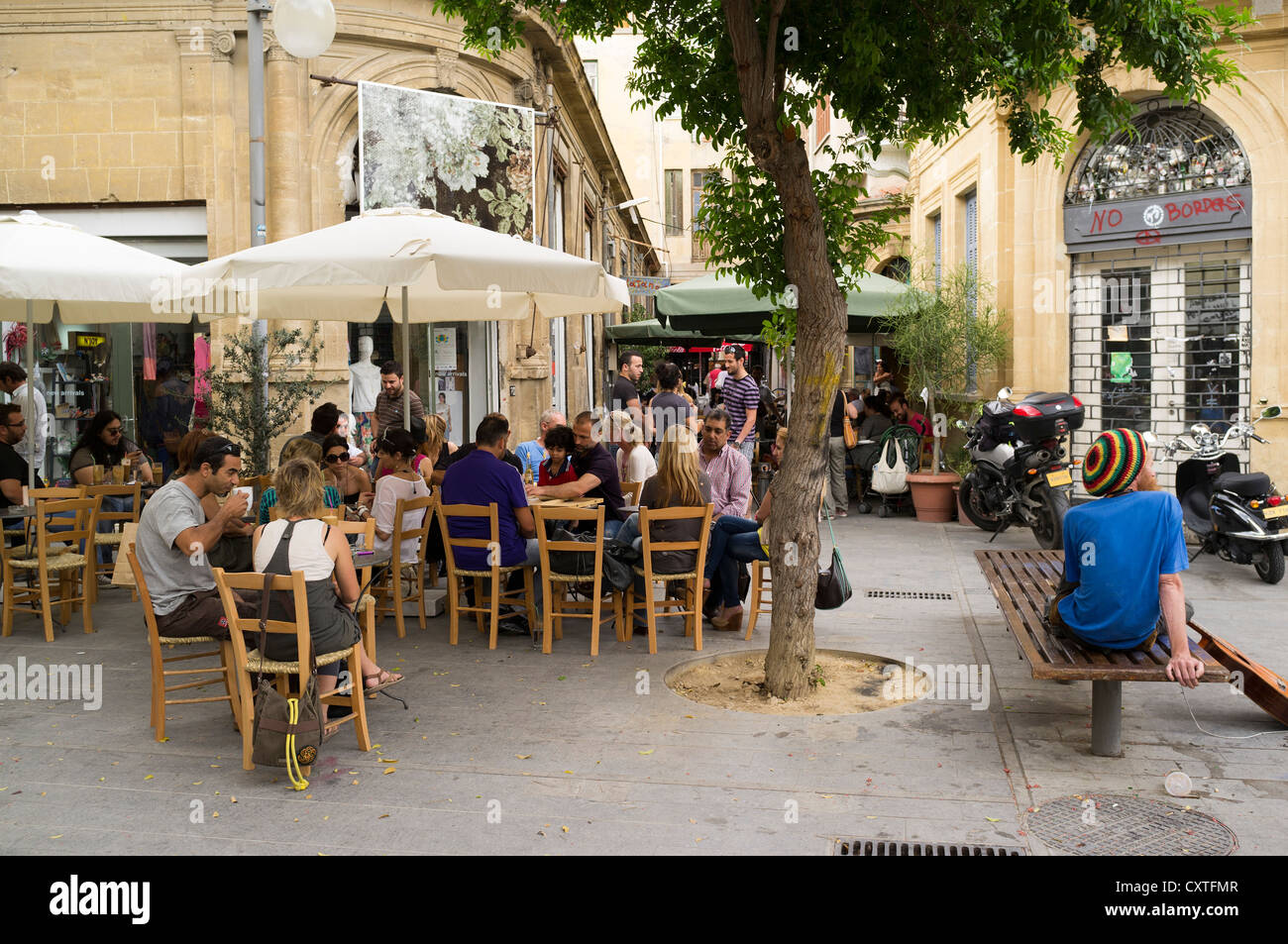 dh Phaneromeni square NICOSIA CYPRUS People street cafes in Old town south Nicosia back streets restaurant taverns Stock Photo