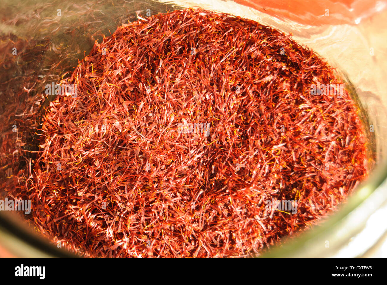 A pile of saffron, the expensive spice, a famous product of Kashmir Stock Photo