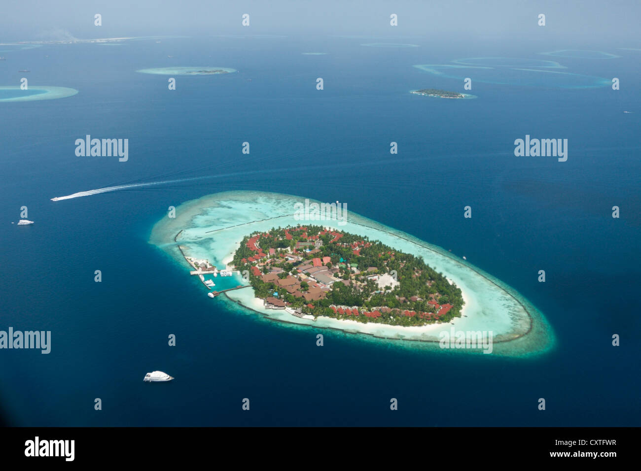 Aerial View of Kurumba Island, North Male Atoll, Maldives Stock Photo
