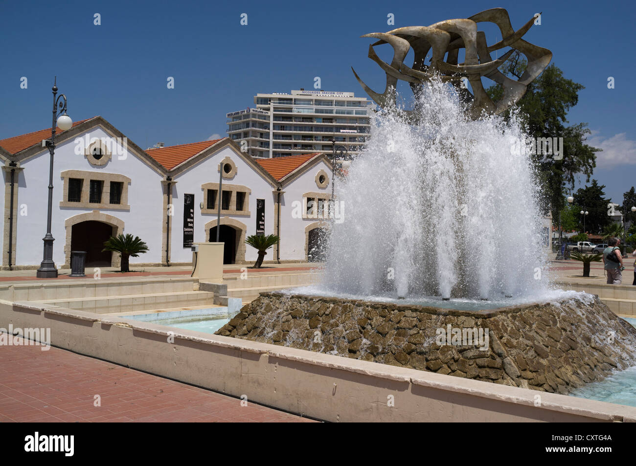 dh  LARNACA CYPRUS Larnaka fountain statue artwork sculpture and Municipal Cultural Centre Stock Photo