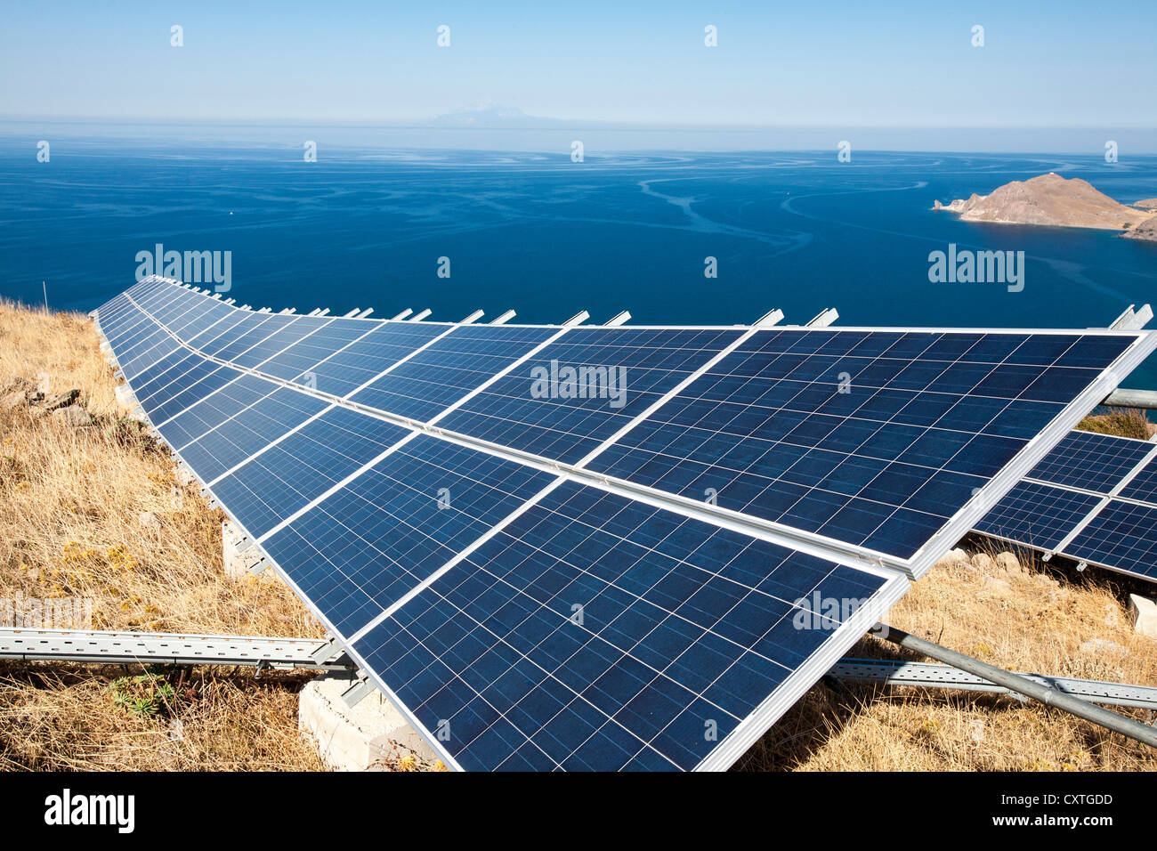 A solar power station on Lemnos, Greece. Stock Photo
