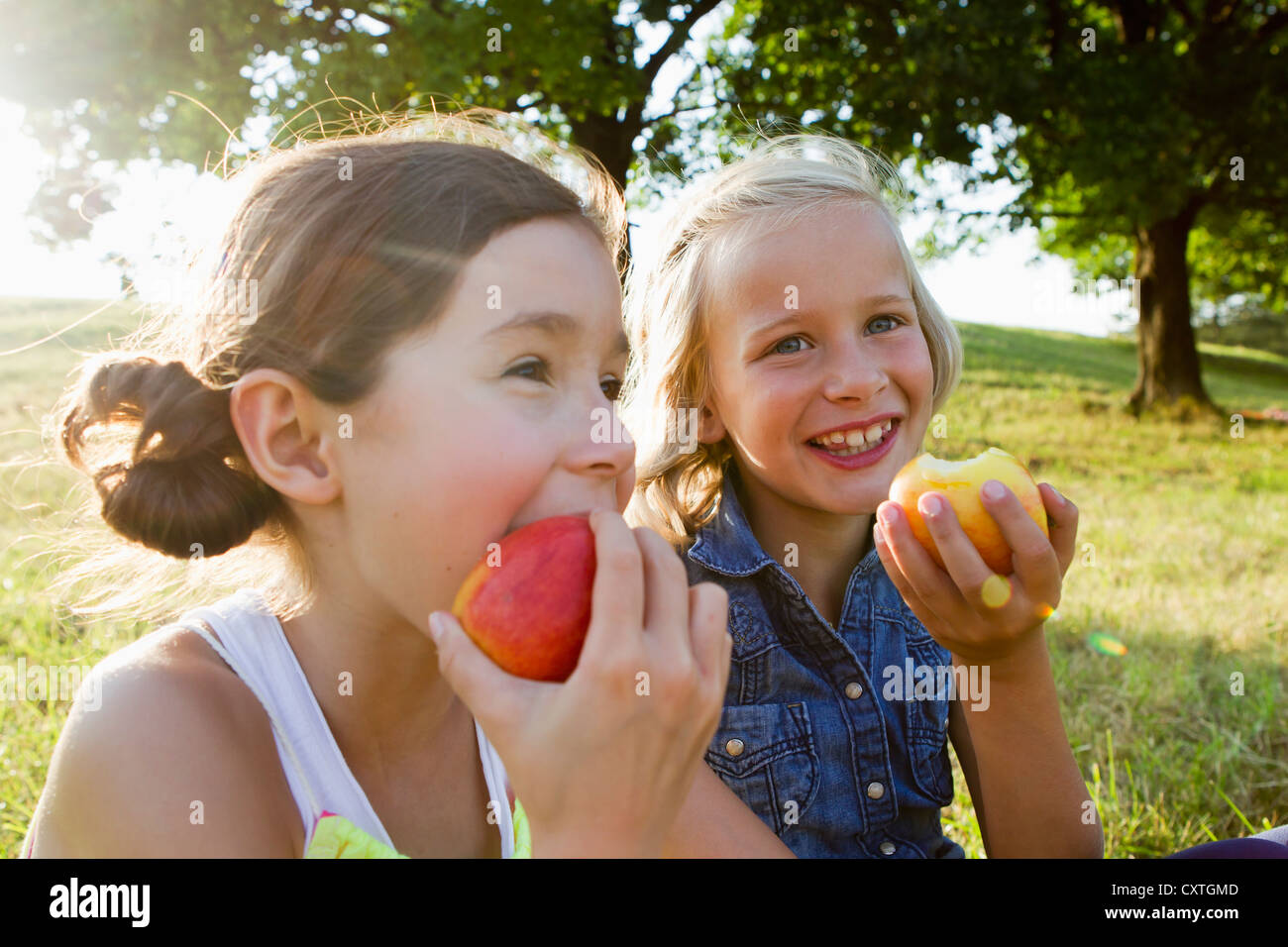 Laughing girls eating apples outdoors Stock Photo