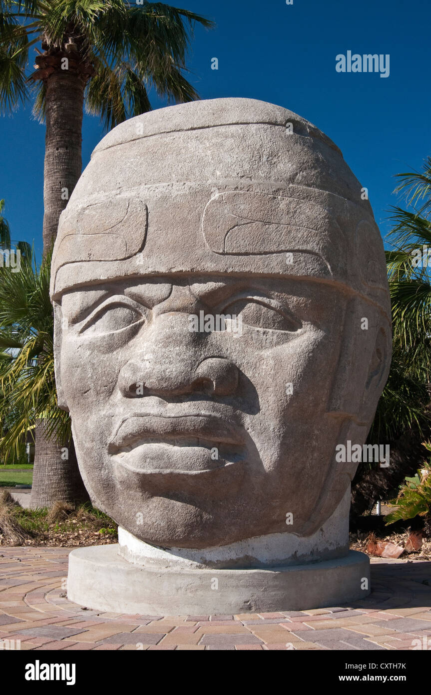 Olmec Colossal Head 8, copy (original in Xalapa, Mexico), International Museum of Art and Science, McAllen, Texas, USA Stock Photo
