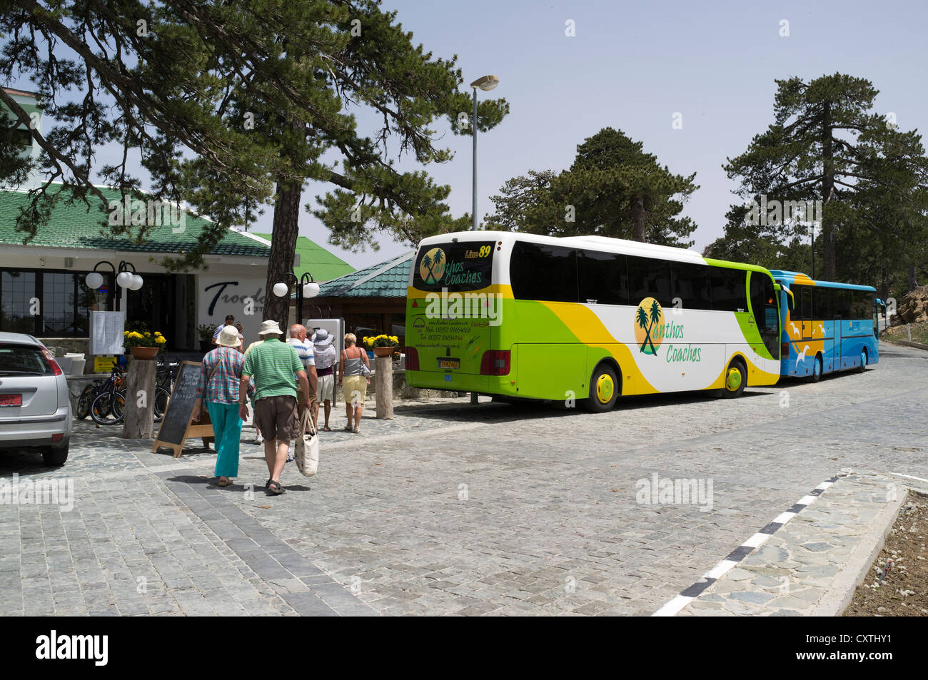 dh  TROODOS CYPRUS Cypriot mountains tourist and tour buses holiday tourists bus Stock Photo