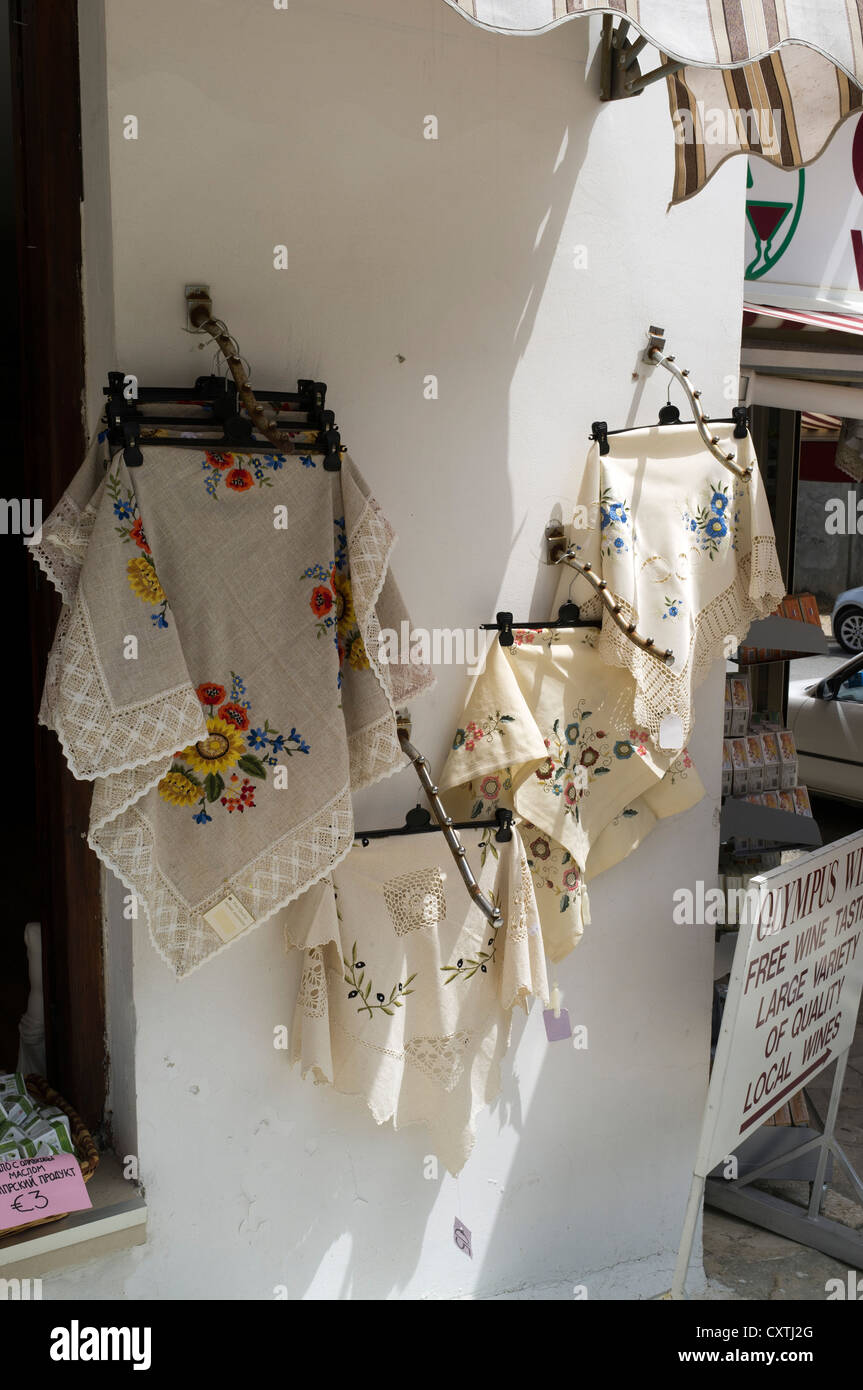 dh  TROODOS CYPRUS Cyprus lace craftwork displayed for sale cypriot lacework cloth craft handmade crafts Stock Photo