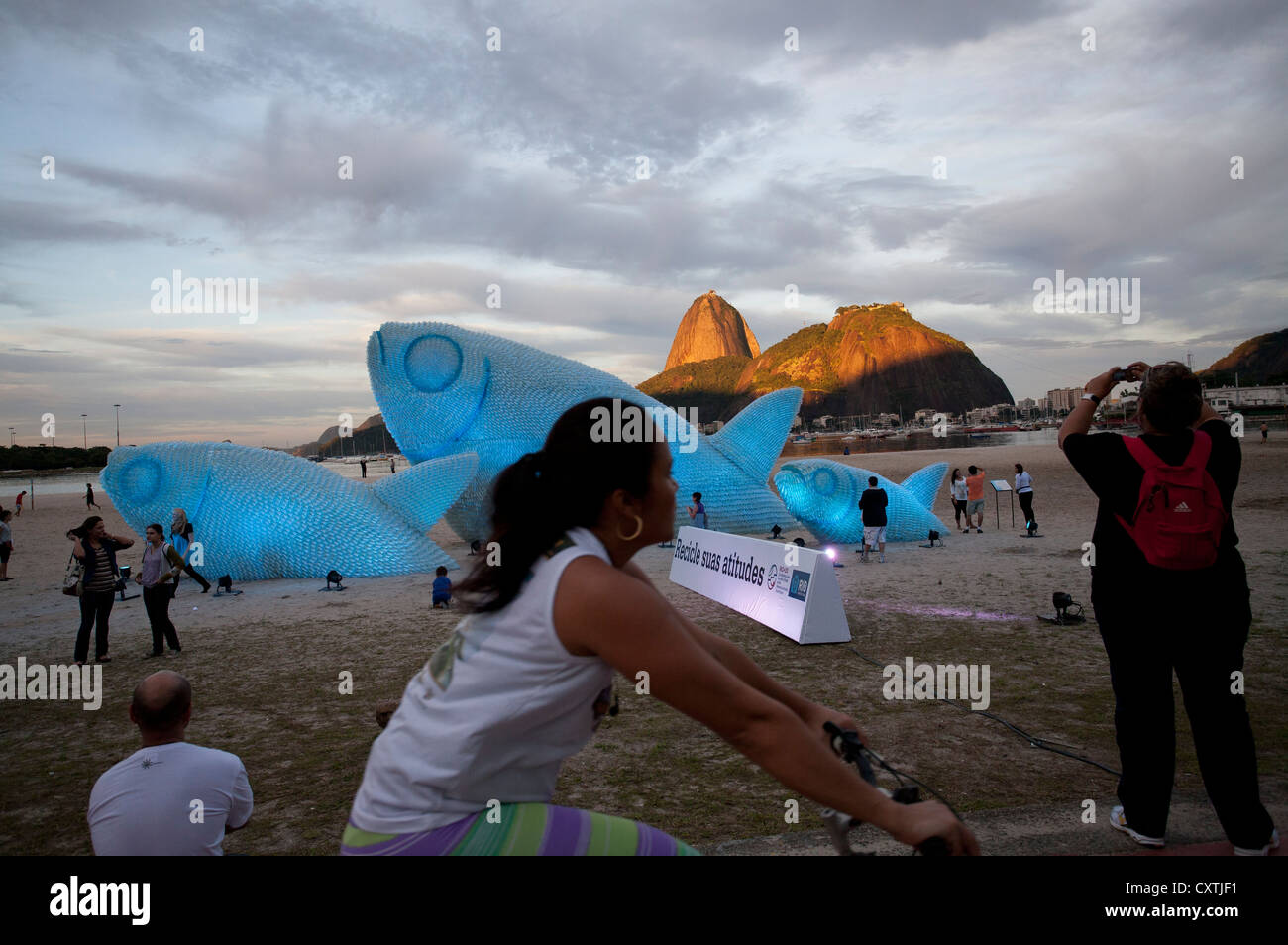 Giant Illuminated Fish made from Plastic Bottles on Botafogo Beach during Rio+20 Conference Rio de Janeiro Brazil Stock Photo