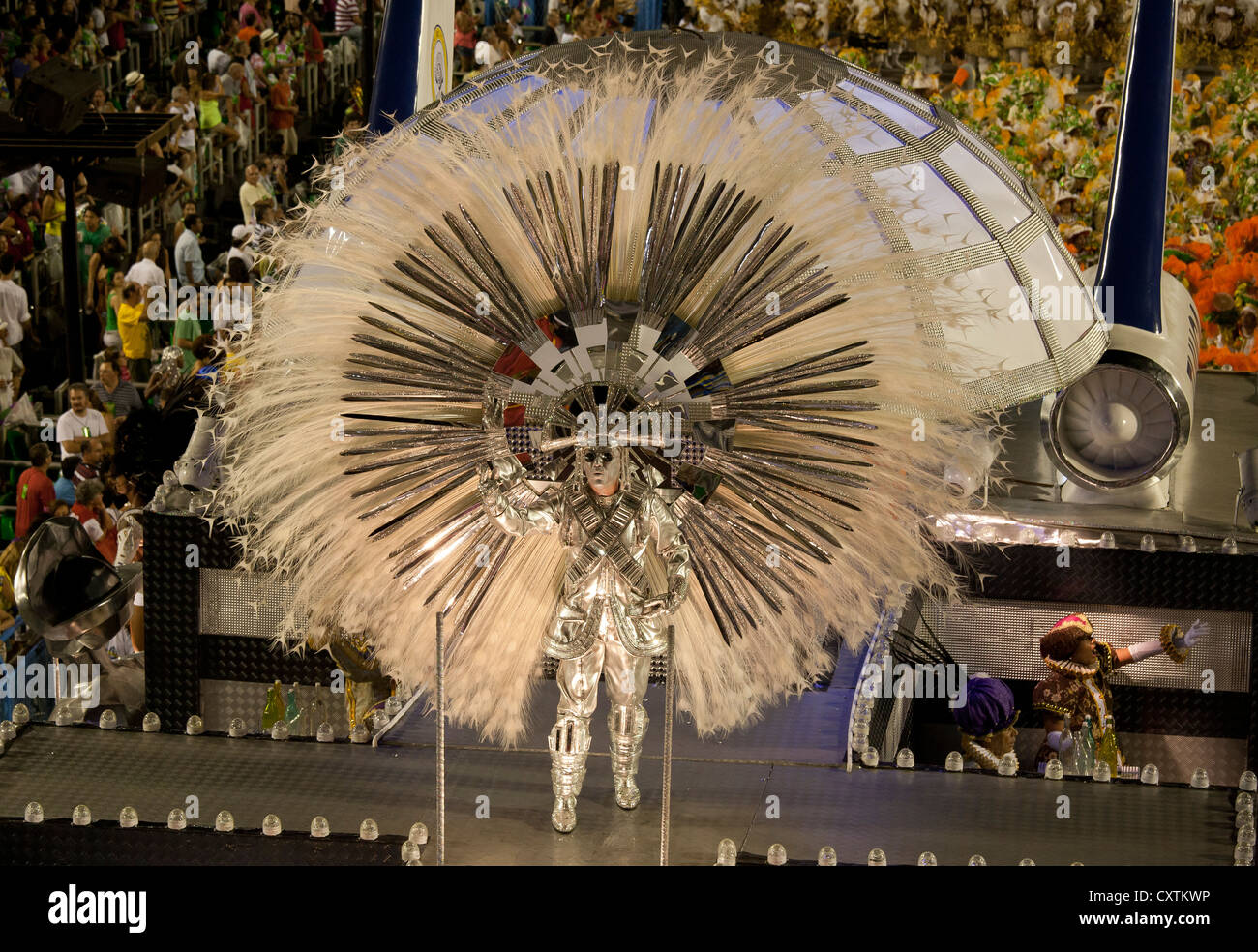 Man with White Circular Feather Costume Carnival Parade Rio de Janeiro Brazil Stock Photo