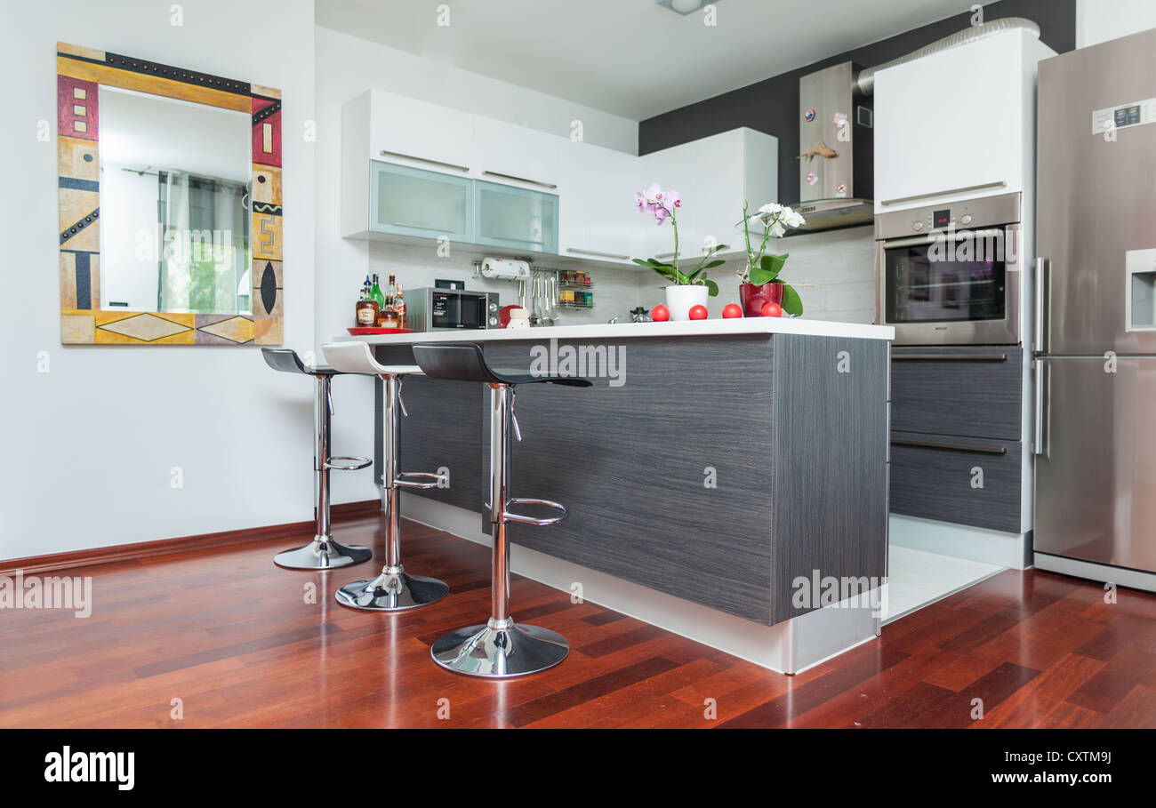 Beautiful modern kitchen in designer house Stock Photo