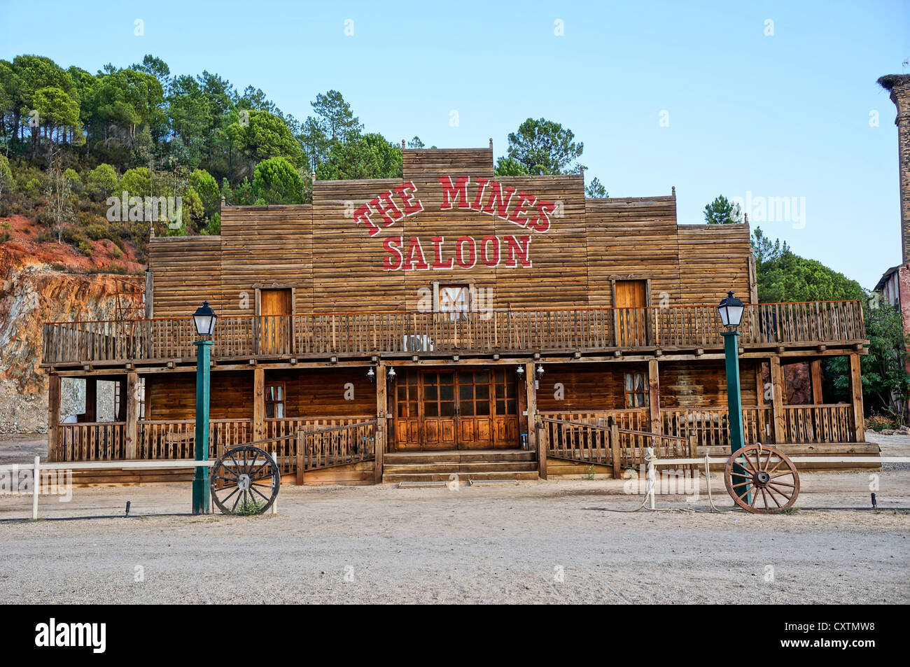 Western town saloon, a front view of an western antique wagon wheel from the days of the wild west Seville, Spain Stock Photo