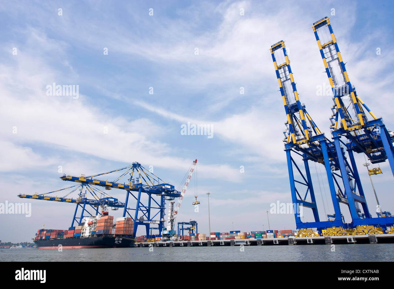 Horizontal view of a container liner loaded with cargo at the new Vallarpadam Container terminal at Fort Cochin in Kerala. Stock Photo