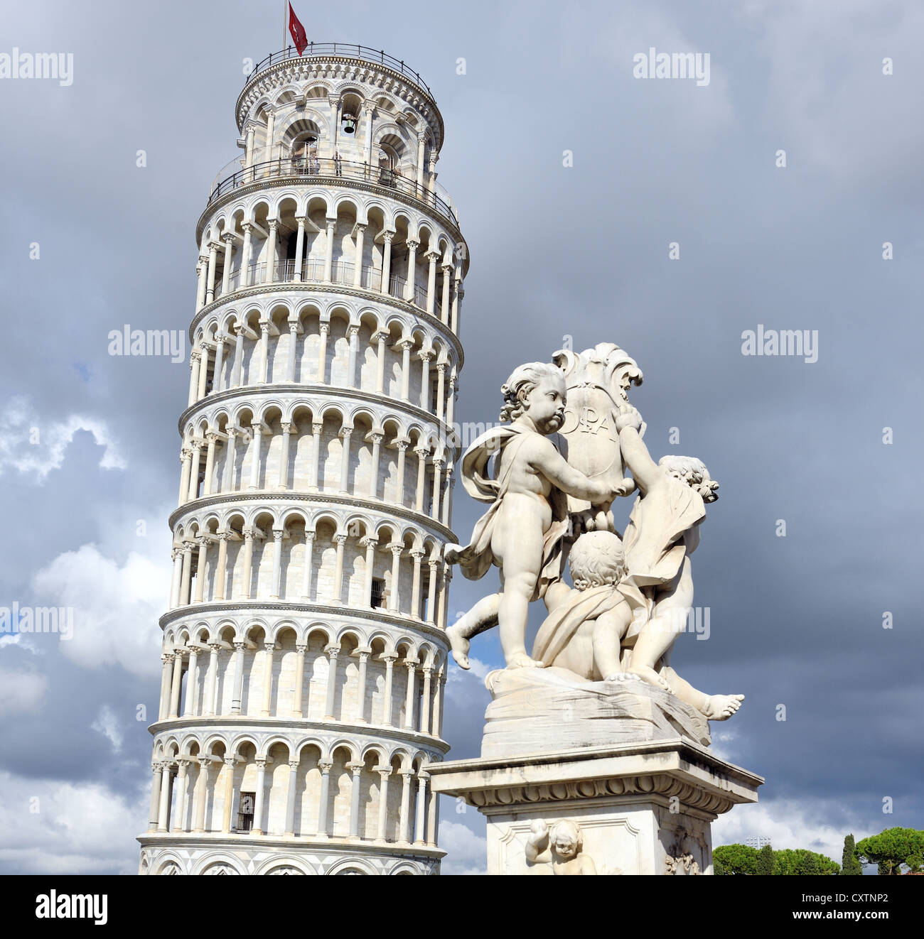 Leaning Pisa Tower supported by back foot Stock Photo