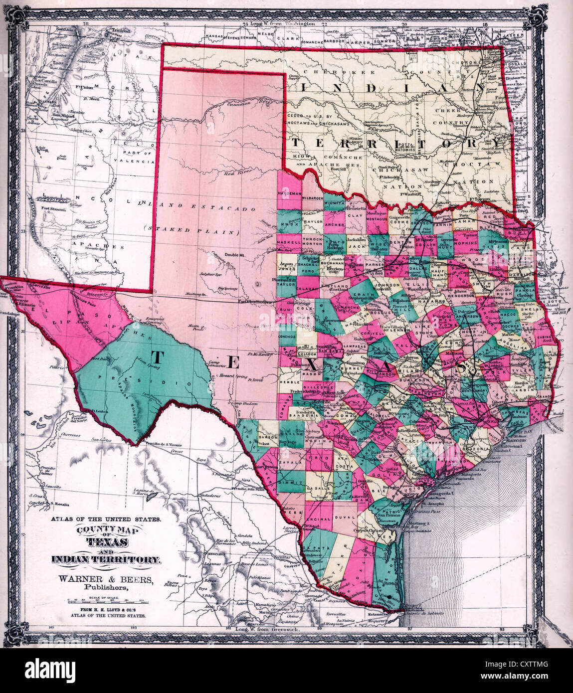 County map of Texas, and Indian Territory., 1875 Stock Photo