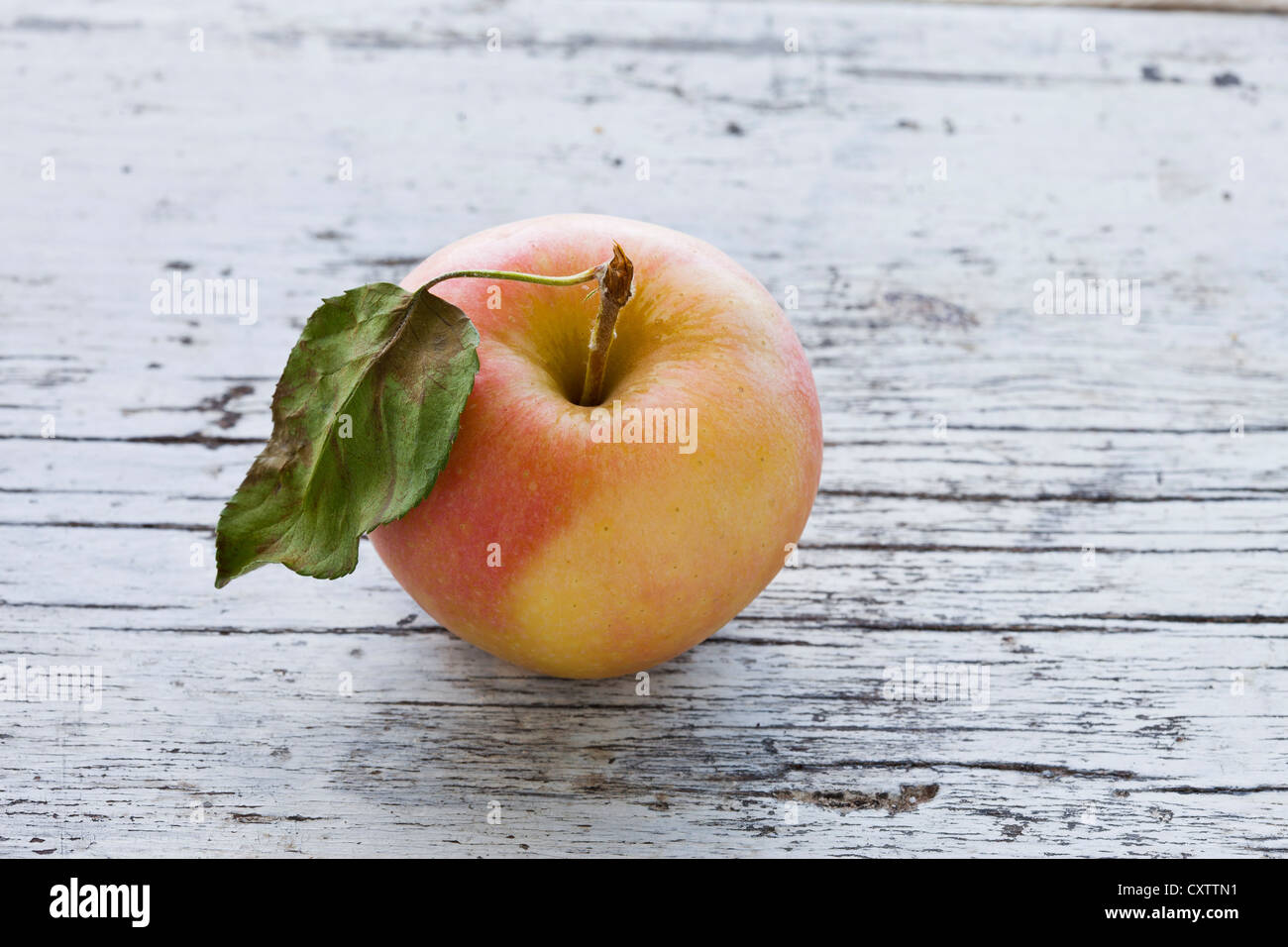 apple gala two color fresh with leaf on country table Stock Photo