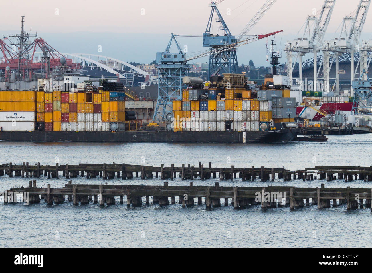 Barge "Naknek Trader" and Seattle Waterfront, Seattle, Washington Stock