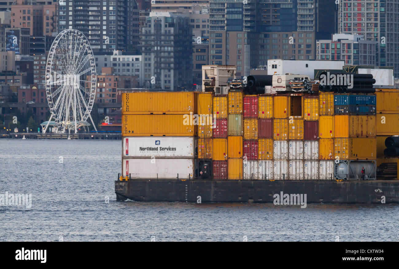 Barge "Naknek Trader" and Seattle Waterfront, Seattle, Washington Stock