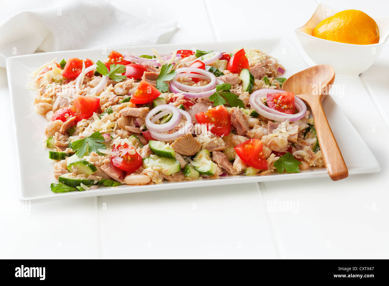 Tuscan bean and tuna salad with tomatoes, cucumber, parmesan and lemon