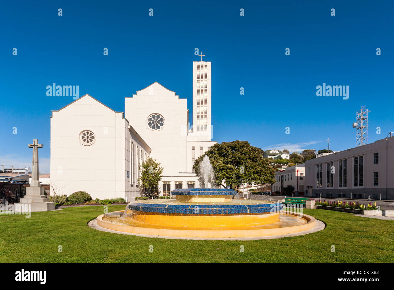 Waiapu Cathedral of St John the Evangelist, and the Tait Fountain in Napier, New Zealand. Stock Photo