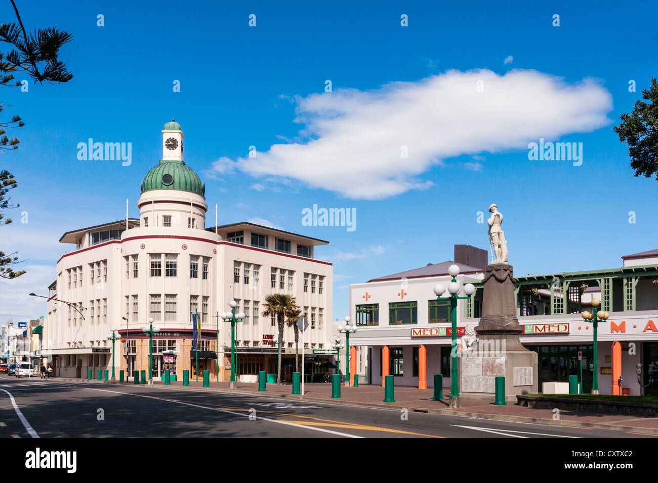 Looking south along Marine Parade in Napier, New Zealand towards The Dome, the former Temperance and General Insurance building, Stock Photo