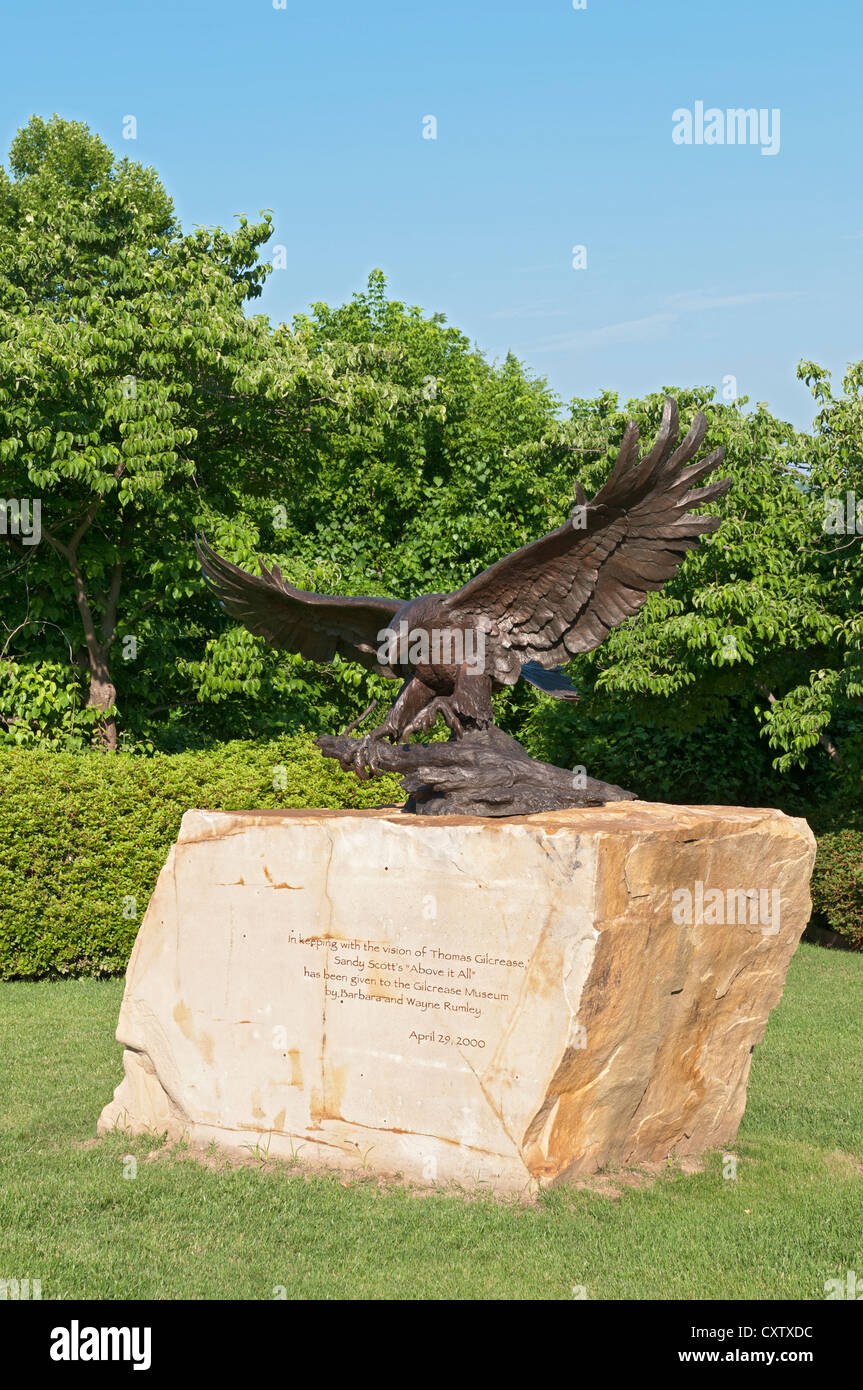 Oklahoma, Tulsa, Gilcraese Museum, Vista Garden, Above It All, bronze eagle sculpture artist Sandy Scott. Stock Photo