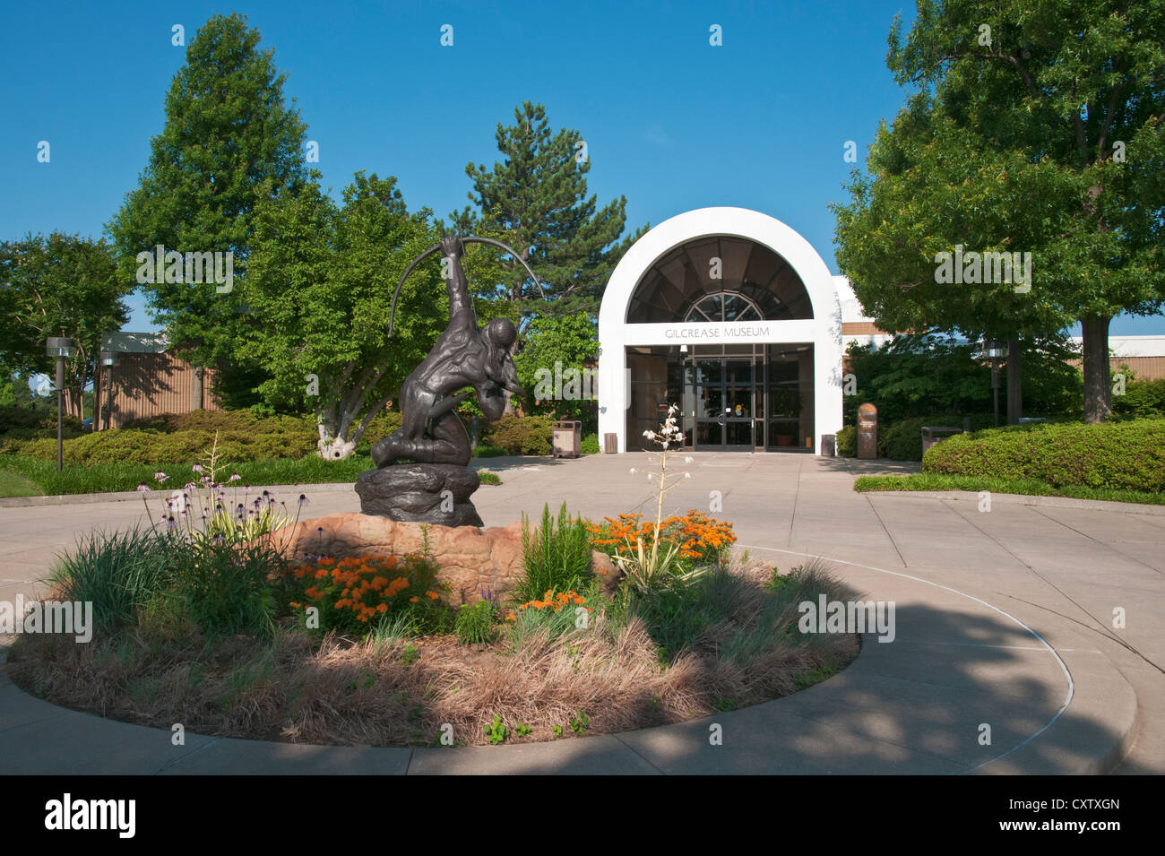 Oklahoma, Tulsa, Gilcraese Museum, Main Building, bronze sculpture, Sacred Rain Arrow, by Allan Houser. Stock Photo