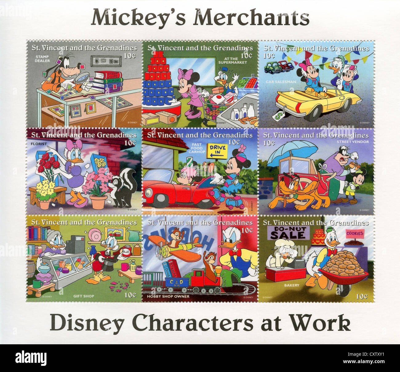 Saint Vincent and the Grenadines postage stamps - Disney cartoon characters Stock Photo