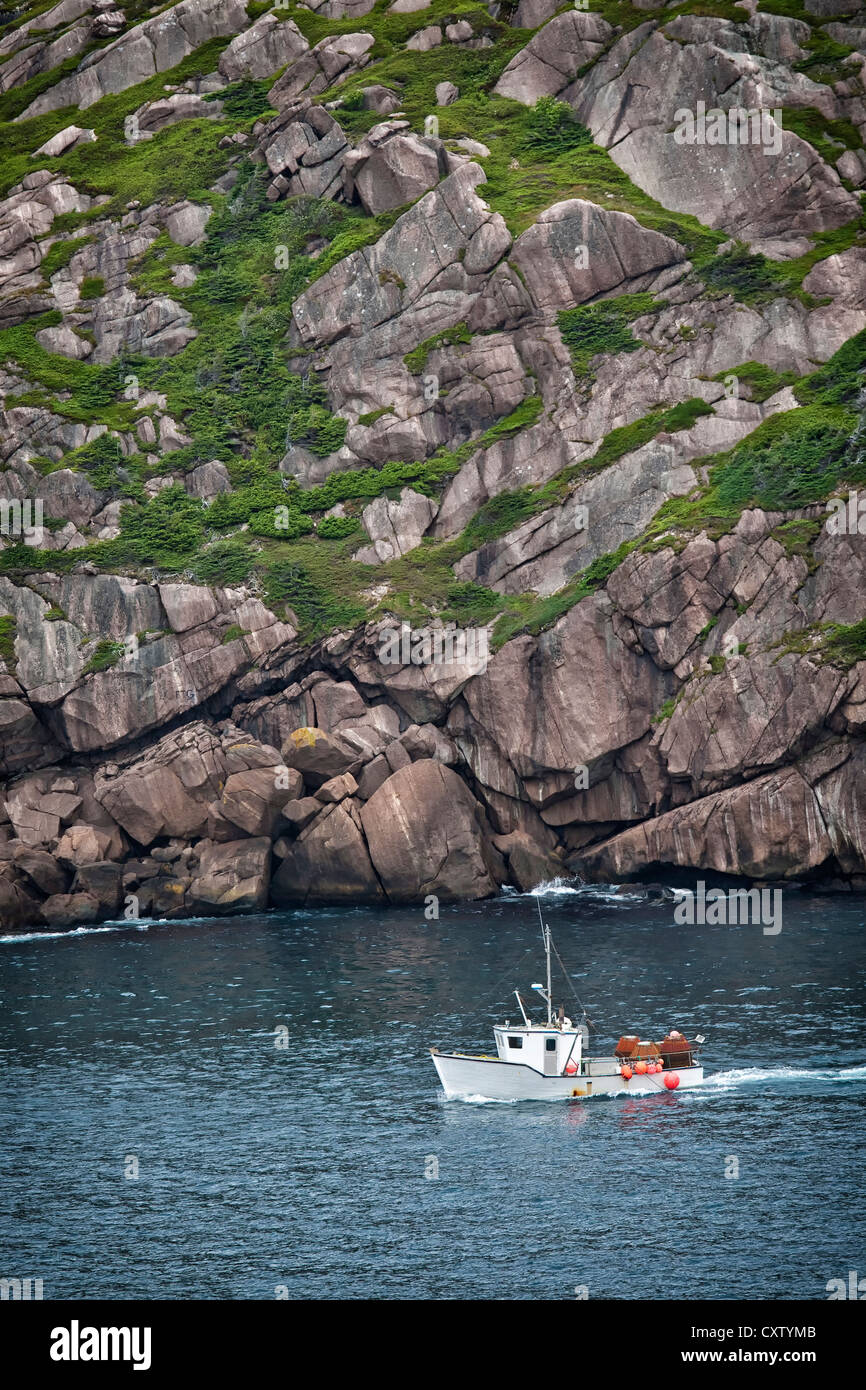 Fishing boat laden with crab traps sailing into St. John's Harbour past Signal Hill, Newfoundland. Stock Photo