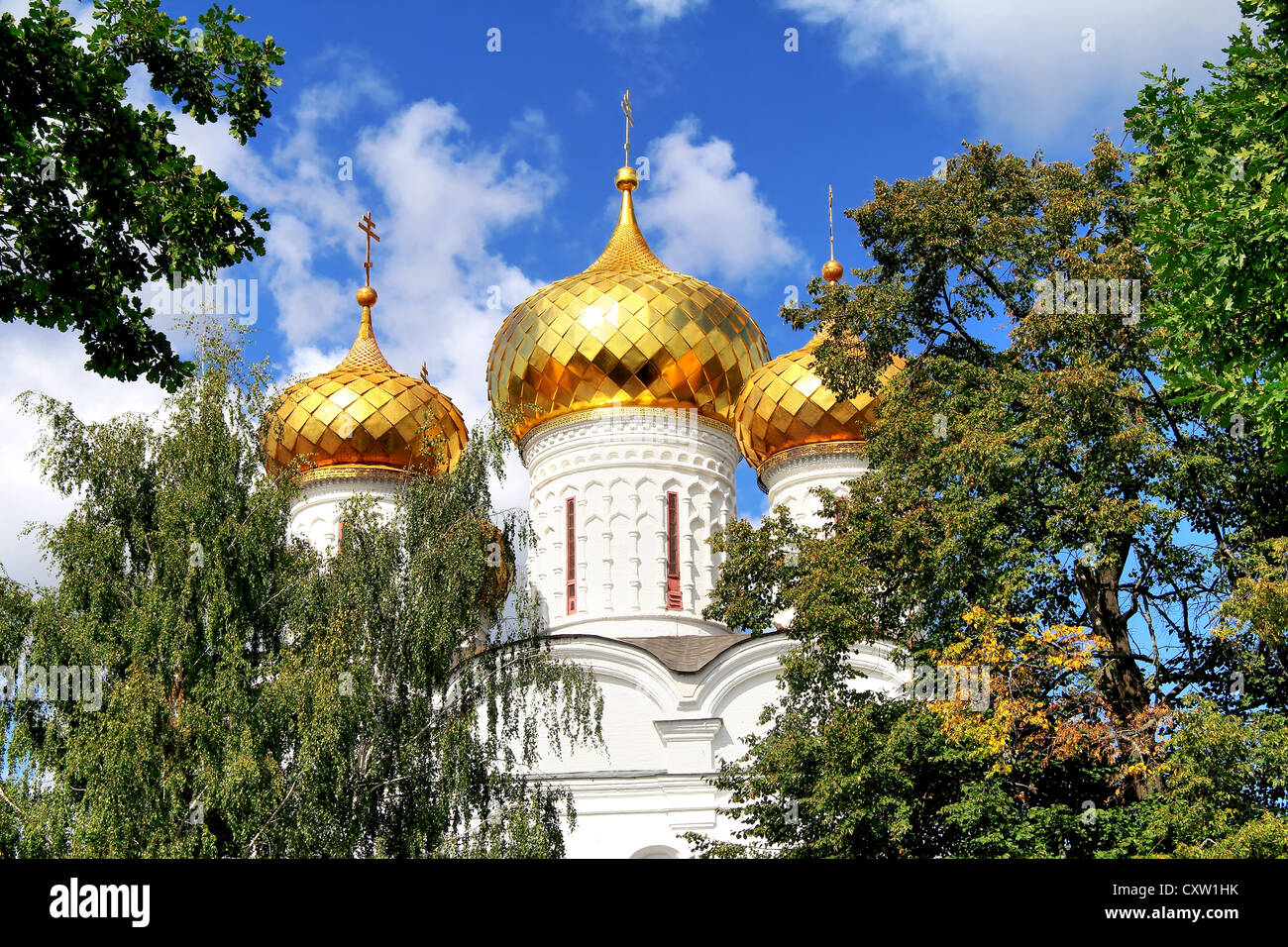 Golden cupolas of the Trinity Cathedral in Ipatiev Monastery, Kostroma, Russia Stock Photo