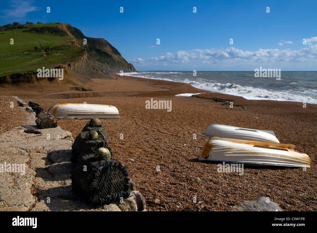 Seatown beach in Dorset, located between Bridport and Charmouth and on Jurassic Coast, a World Heritage Site. Stock Photo