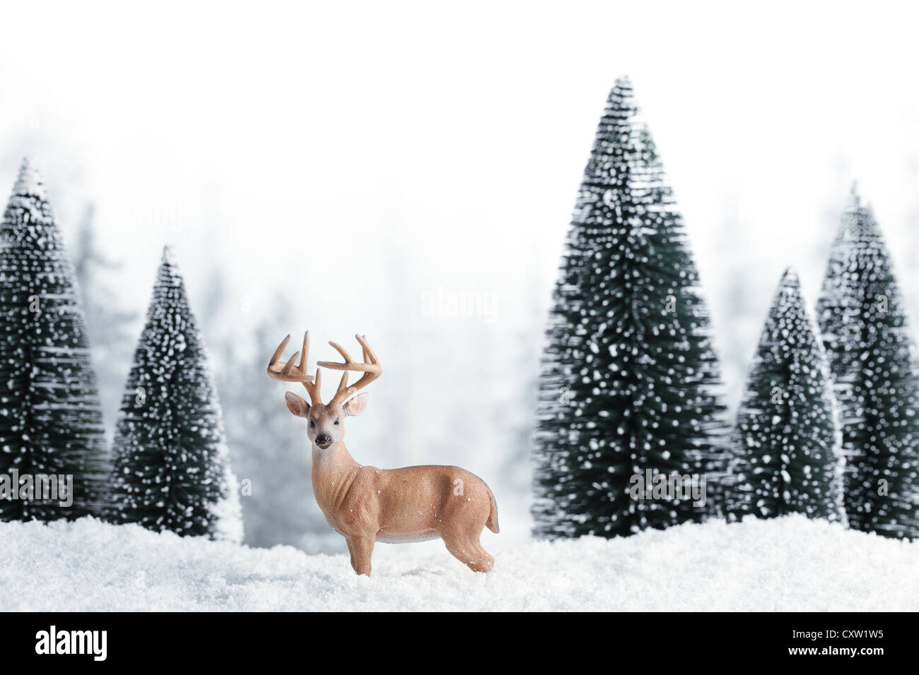 Winter landscape with deers,snow and fir tree. Stock Photo