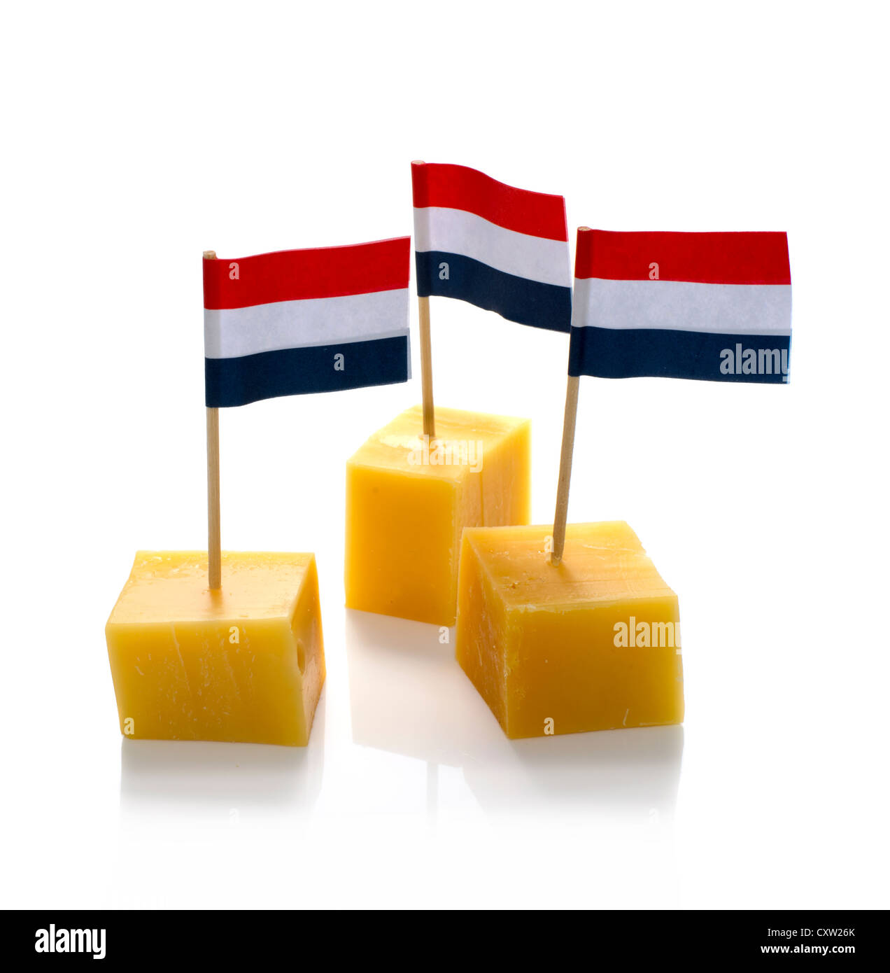 dutch cheese cubes with red white blue Netherlands flag Stock Photo