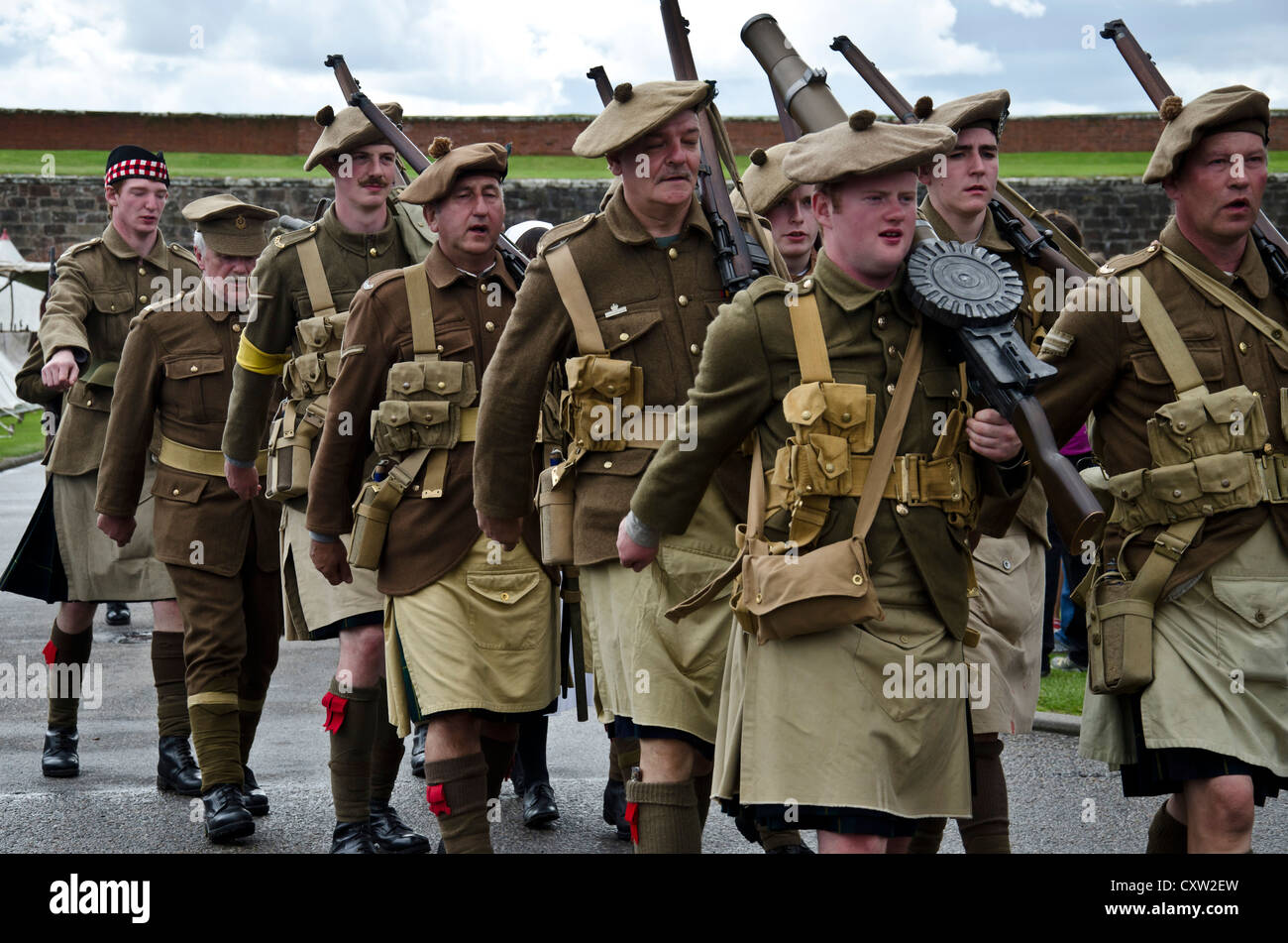 Men in WW1 Scottish Regiment dress at an historic event at Fort George ...