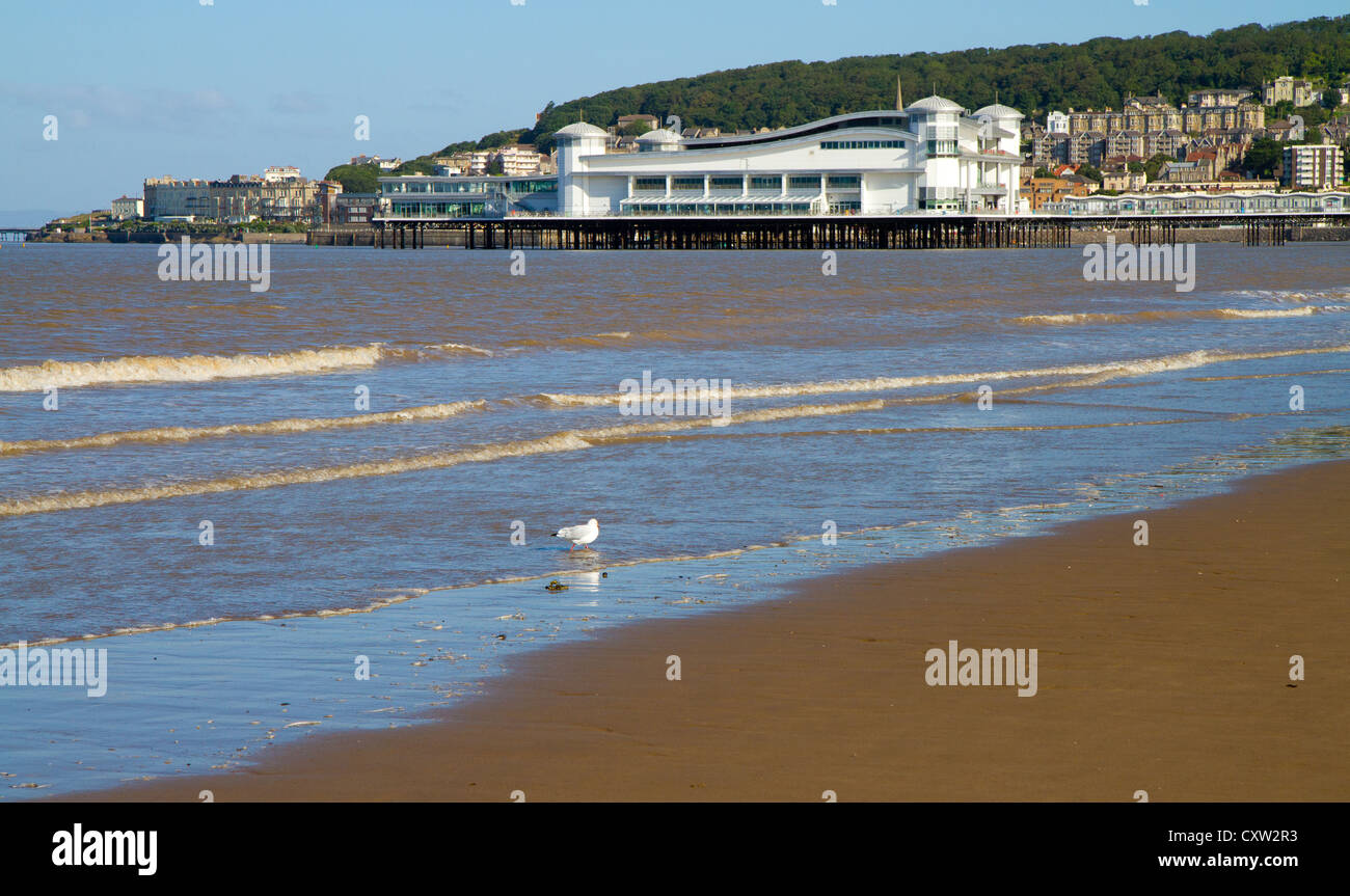 WestonsuperMare beach and sea towards the Grand Pier and Old Pier