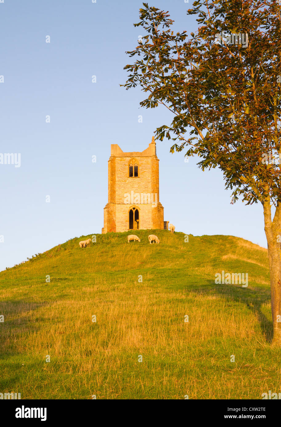 Burrow Mump in Somerset.  A historic hill and overlooking Southlake Moor in the village of Burrowbridge in Taunton Deane, Somers Stock Photo