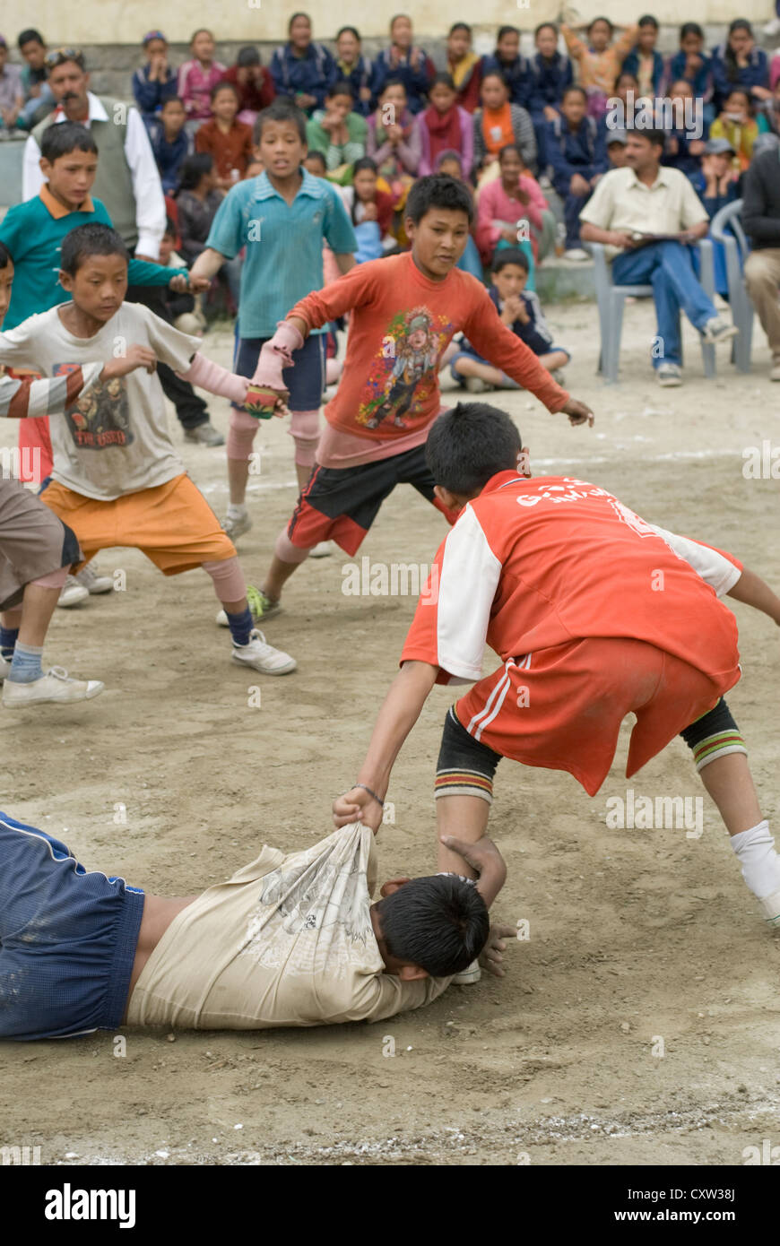 Boys from different schools compete at Kabaddi in Keylong, North India Stock Photo