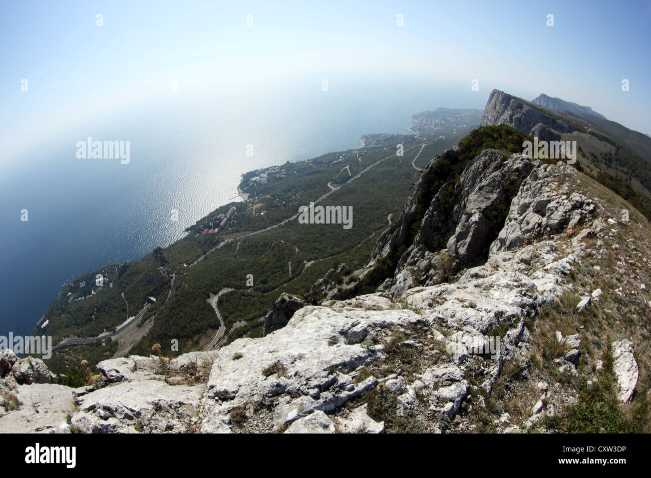 Fisheye view from the mountains to the Black Sea Crimea, Ukraine Stock Photo