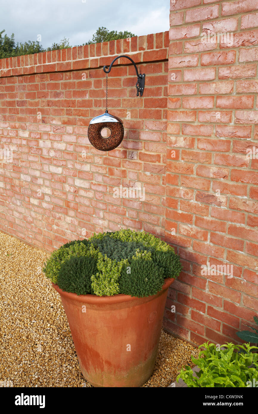 Luxury hanging bird nut feeder and large pot of herbs in walled kitchen