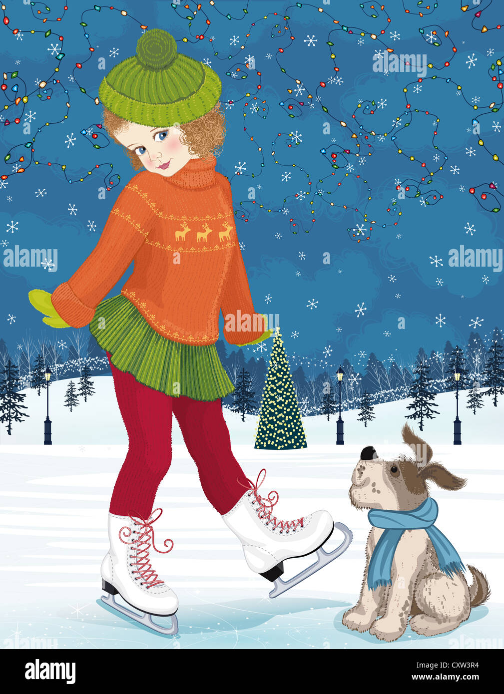 Little girl with a dog at skating rink. Stock Photo