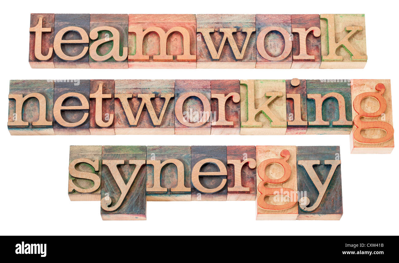 teamwork, networking and synergy - a collage of isolated words in vintage letterpress wood type Stock Photo