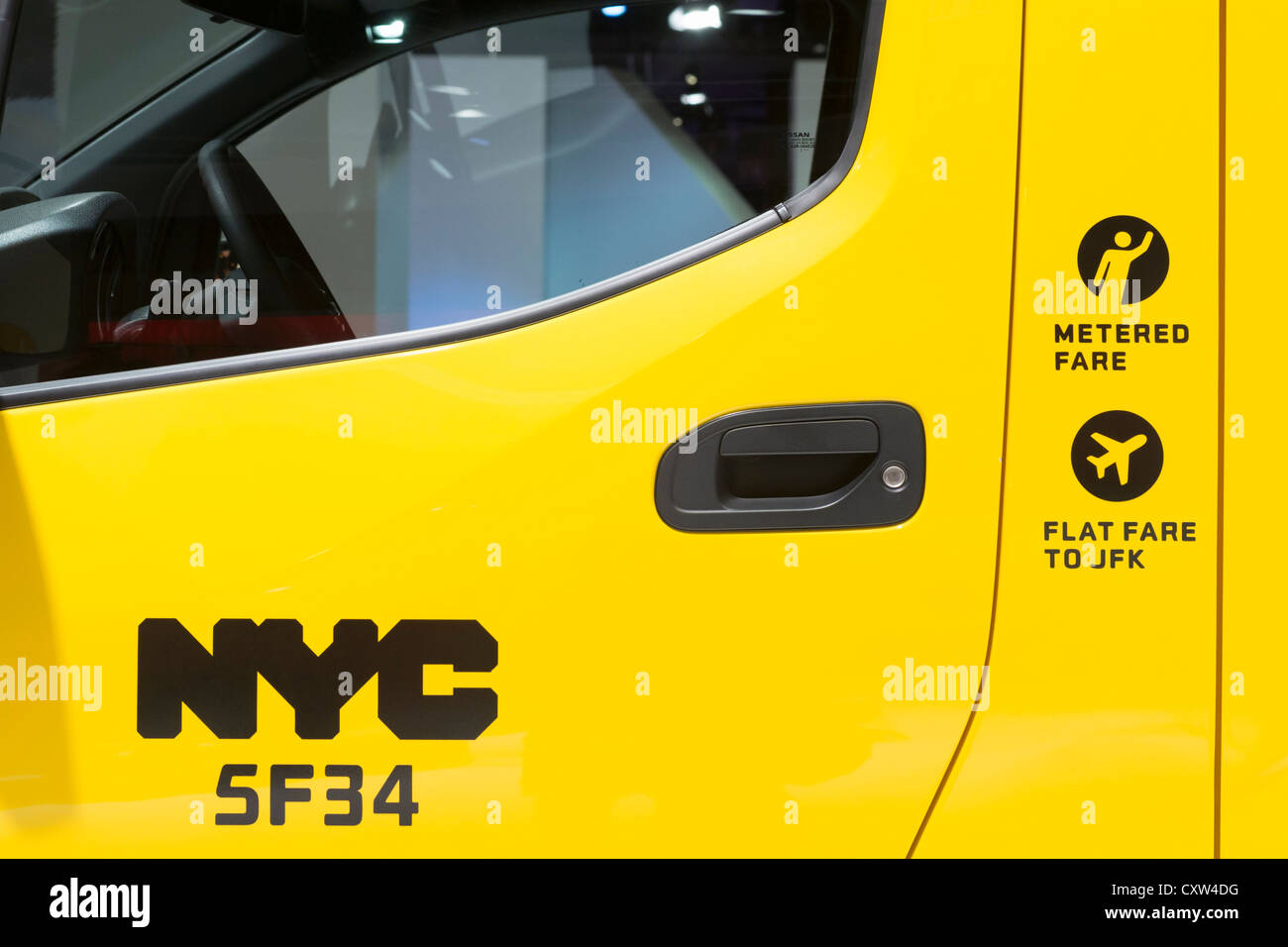 Detail of new Nissan van in livery of New York City (NYC) Taxi at Paris Motor Show 2012 Stock Photo