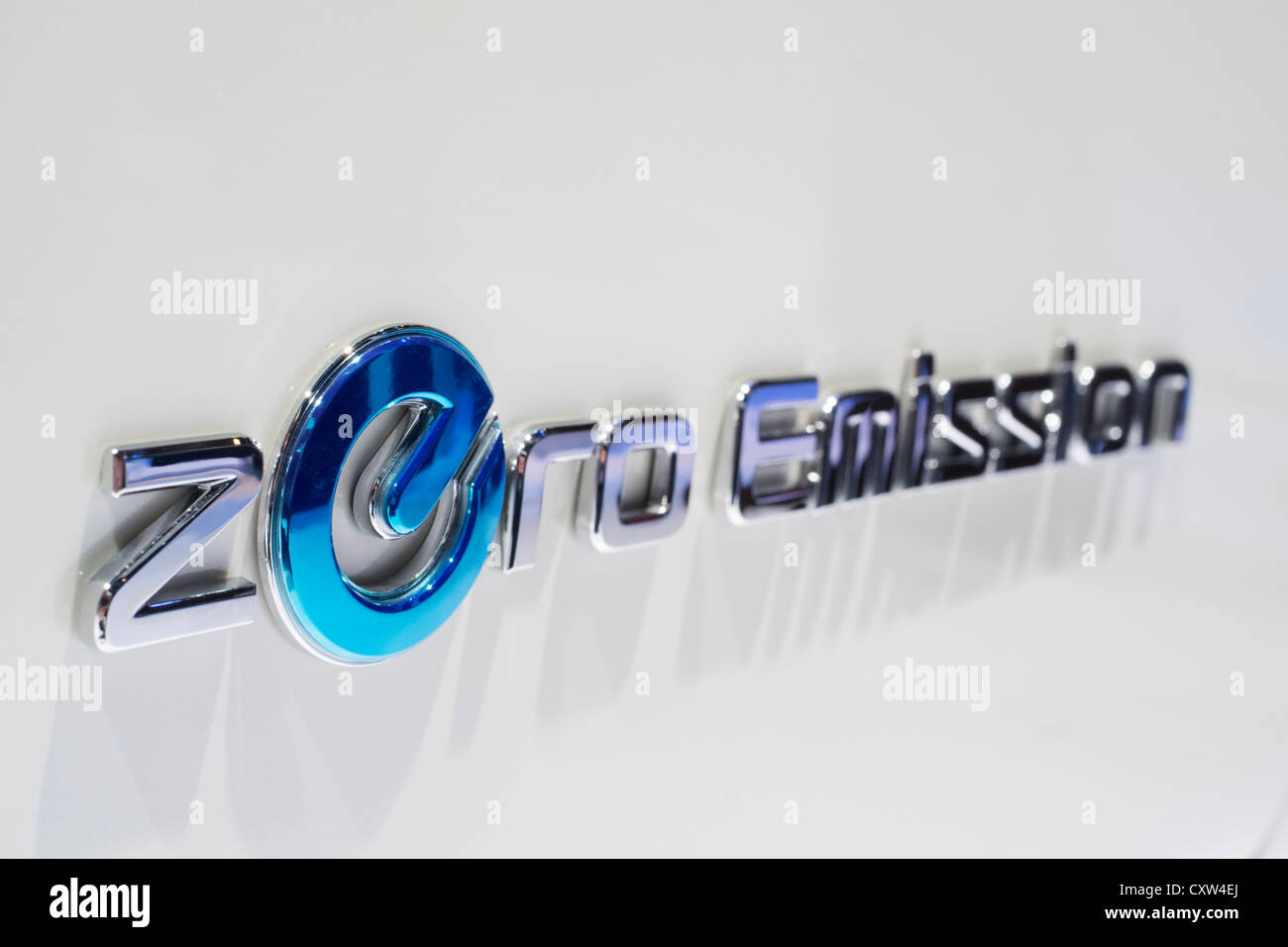 Detail of Zero Emission badge on electric Nissan car at Paris Motor Show 2012 Stock Photo