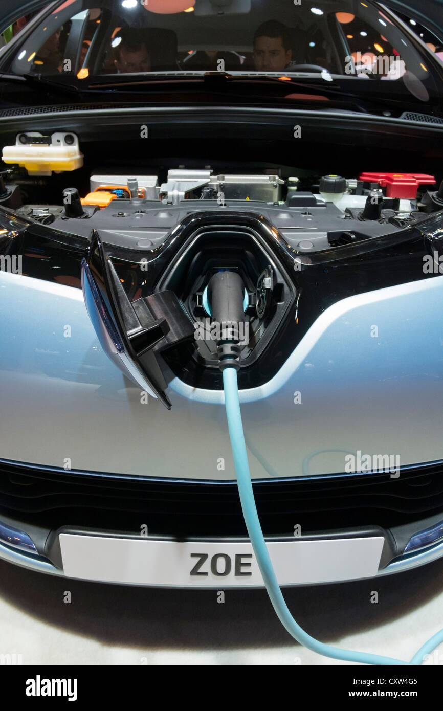 Detail of Renault Zoe electric car with plug-in charging cable attached at Paris Motor Show 2012 Stock Photo