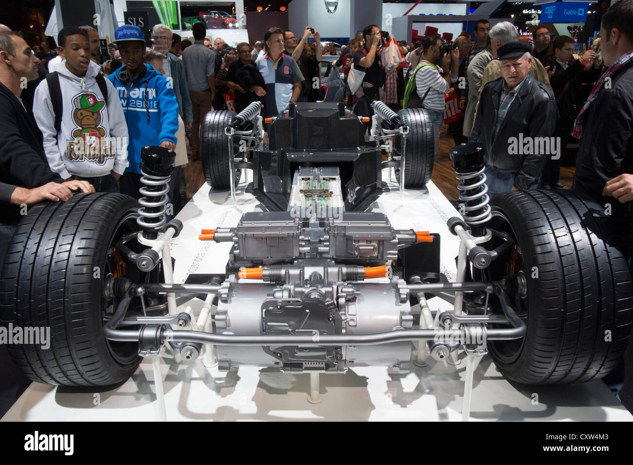 Cut away of chassis and electric motor of new Mercedes Benz SLS AMG Electric Drive sportscar at Paris Motor Show 2012 Stock Photo