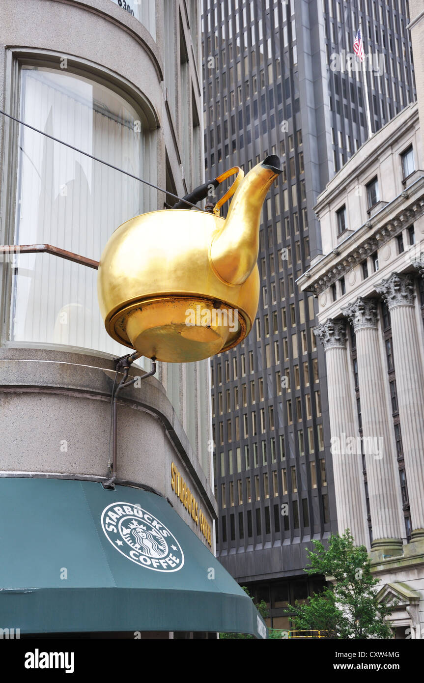 Starbucks cafe and Giant Steaming Tea Kettle, Boston, USA Stock Photo
