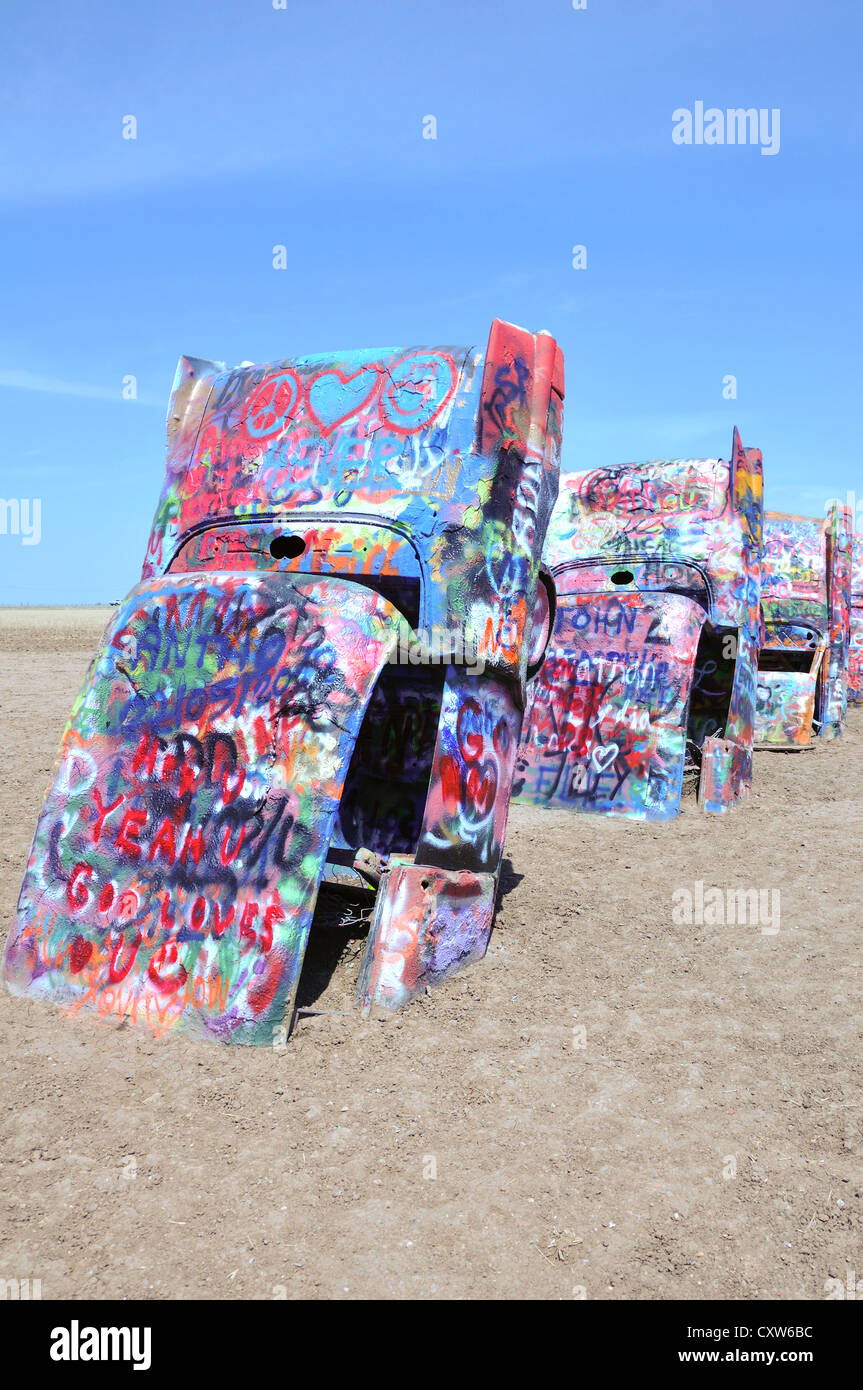 Cadillac Ranch along the historic Route 66, Amarillo, Texas, USA Stock Photo